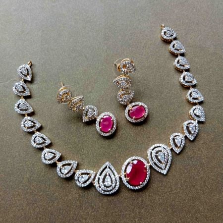 Handmade Brass Metal Jewellery Pink Teardrop Necklace Set